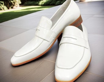 Mocasines de cuero blanco para hombre: zapatos de vestir sin cordones