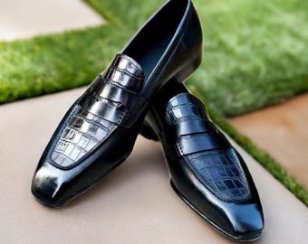 Mocasines de piel con textura de cocodrilo negra, sin cordones, para hombre, zapatos de diseñador