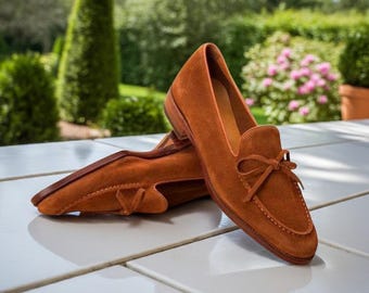 Handmade Tan Suede Slip on Leather Loafers for Men Tan Brown Party Shoes