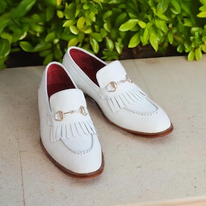 Men&#39;s White Fringe Shoes Leather Slip on Loafers, Men&#39;s Designer Shoes
