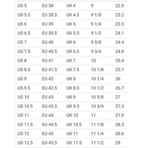 May include: A men's shoe size conversion chart showing US, EU, UK, inch, and centimetre measurements. The chart lists sizes from US 5 to US 13.5.