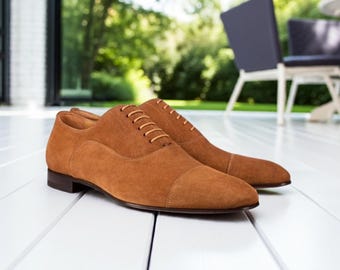 Handmade Tan Suede Oxford Shoes: Men's Formal Leather Dress Shoes