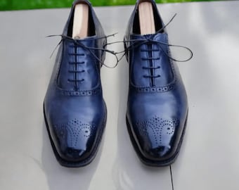 Handcrafted Blue Patina Brogue Dress Shoes: Men's Formal Leather Shoes