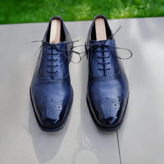 Handcrafted Blue Patina Brogue Dress Shoes: Men's Formal Leather Shoes