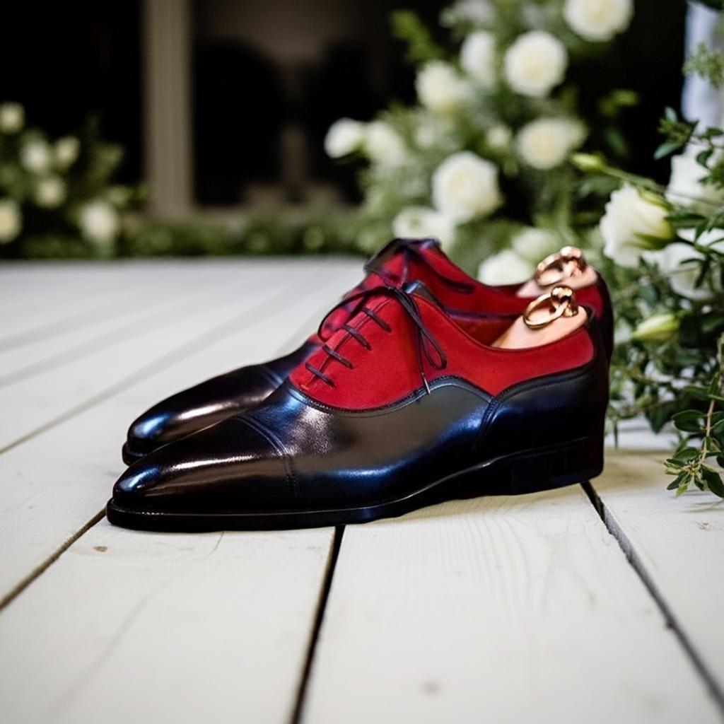 black and red dress shoes for men Black Red Men's Two Tone Perforated Wing Tip Lace Up Oxford Dress Shoes
