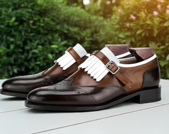 Brown Leather & White Fringe Single Monk Shoes - Men's Designer Dress Shoes