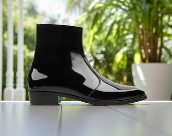 Handmade Black Patent Leather Dress Boots - Side Zipper Ankle Boots