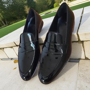 Black Patent Leather Penny Loafers: Handmade Formal Dress Shoes
