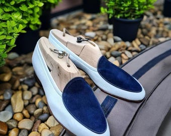 Men's Leather Loafers: White and Blue Slip-On Designer Shoes