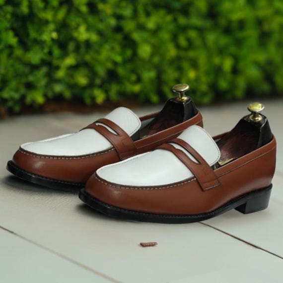Leather Penny Loafers: White and Brown Slip-on Dress Shoes  display picture 3