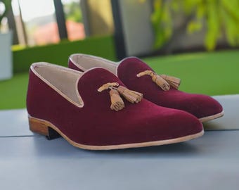 Burgundy Velvet Suede Fashion Shoes Leather Slip on Tassel Loafers for Men Designer Shoes