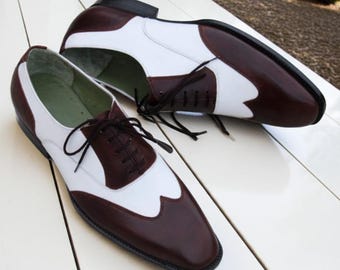 Handmade Men's Brown and White Wingtip Brogue Shoes Leather Lace Up Dress Shoes