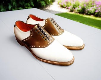Handmade Leather Saddle Oxford Shoes: Vintage Brown & White Dress Shoes
