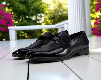 Black Suede & Patent Leather Slip on Loafers - Men's Black Dress Shoes