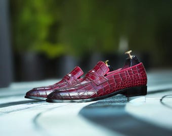 Burgundy Alligator Textured Penny Loafers: Leather Slip-On Dress Shoes