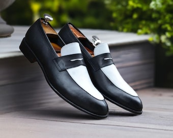 Two-Tone Leather Penny Loafers: Men's Slip-On Dress Shoes