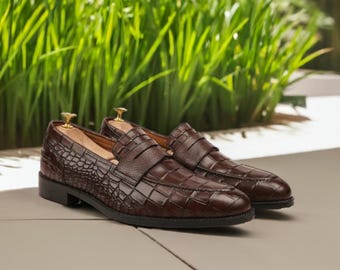 Brown Alligator Textured Leather Penny Loafers - Men's Slip-On Dress Shoes