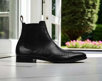 Handmade Black Leather Wingtip Brogue Chelsea Boots for Men