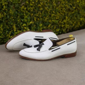 White Tassel Loafers Men Slip on Leather Shoes, White Dress Shoes, Men&#39;s Comfortable Shoes