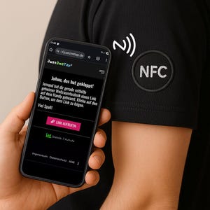 Könnte beinhalten: Schwarzes T-Shirt mit einem weißen NFC-Patch und einem weißen Funksignal-Symbol. Ein Smartphone zeigt eine Webseite mit dem Text "JustOneTap" und deutschem Text an. Das Telefon wird in der Nähe des Ärmels des T-Shirts gehalten.