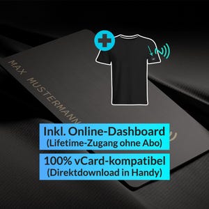 Könnte beinhalten: Eine schwarze Karte mit dem Aufdruck "MAX MUSTERMANN". Eine weiße Umrisszeichnung eines schwarzen T-Shirts mit einem Pluszeichen und einem Funksignal-Symbol befindet sich in der oberen rechten Ecke. Text enthält "Inkl. Online-Dashboard".