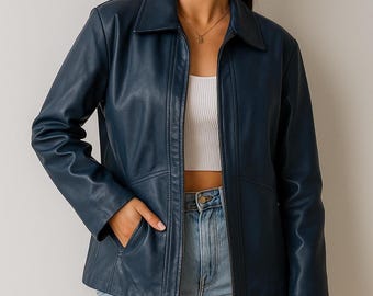 Handmade Women's Navy Genuine Leather Bomber Jacket - Baggy Style Biker Outerwear Coat