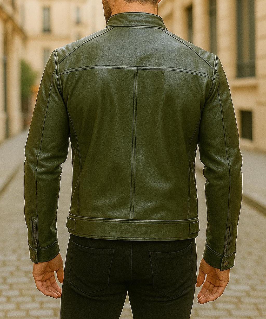 Men's Handmade Green Leather Lightweight Biker Jacket - Retro