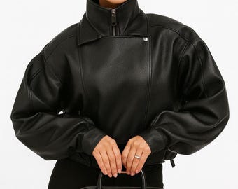 Women's Oversized Bomber Genuine Leather Jacket Belted Biker Moto Zip Coat Outerwear