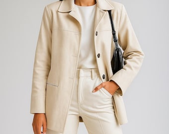 Women's Handmade Real Suede Leather Long Coat - Button-Up Casual Outerwear Coat