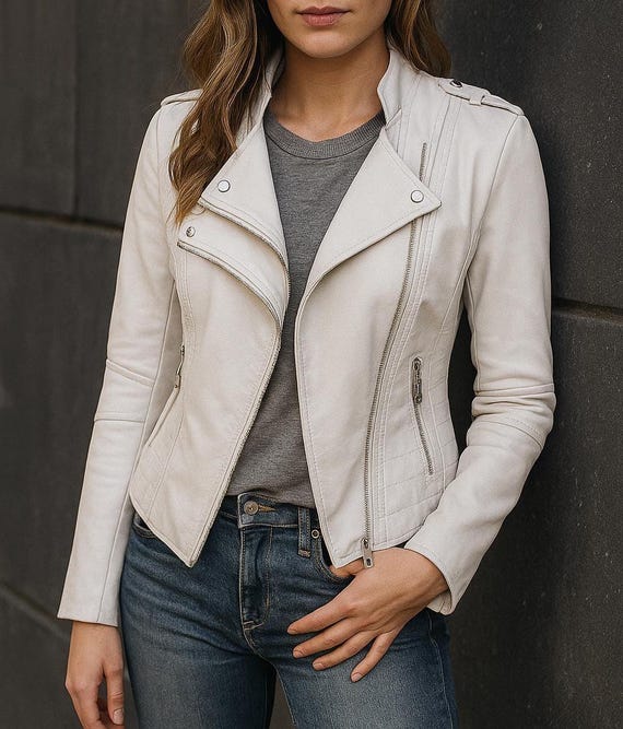 Chaqueta de motociclista de cuero blanco hecha a mano Chaqueta