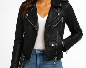 Women's Handmade Genuine Sheepskin Leather Biker Moto Cafe Racer Style Jacket Belted Outerwear Coat