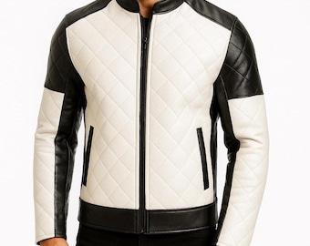 Men’s Handmade Genuine Leather Biker Jacket – Black & White Quilted Moto Style Zip-Up Outerwear Coat