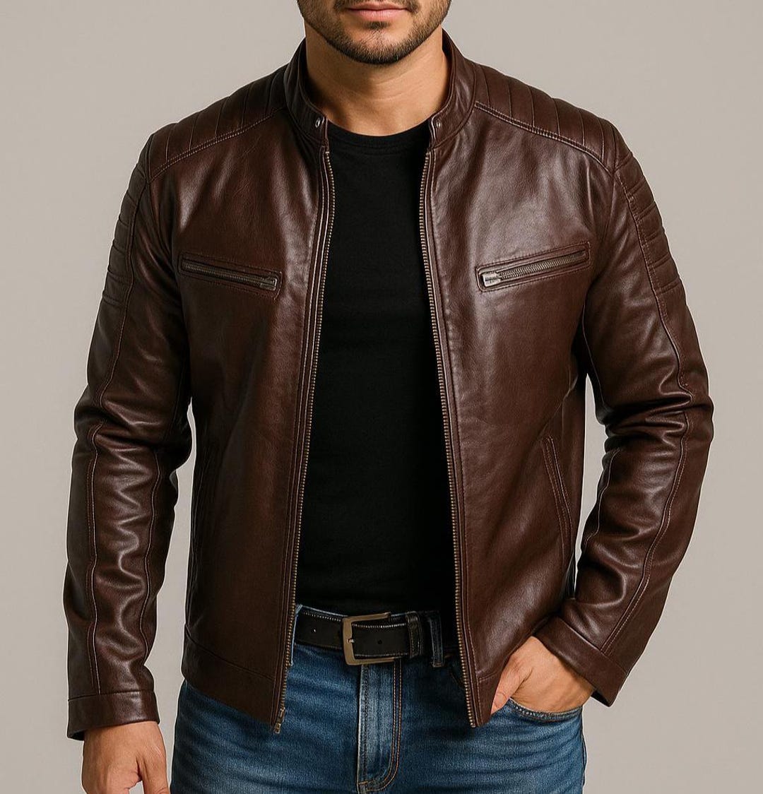 Men's Handmade Brown Real Leather Cafe Racer Jacket - Biker Style ...