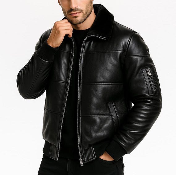 Men's Handmade Genuine Leather Jacket Classic Zipper Moto Bomber