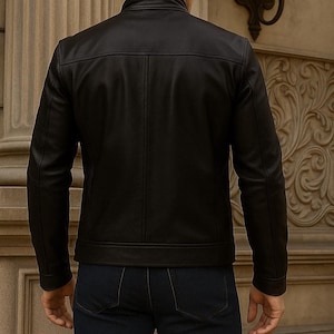 back view of black color original leather jacket mens wear