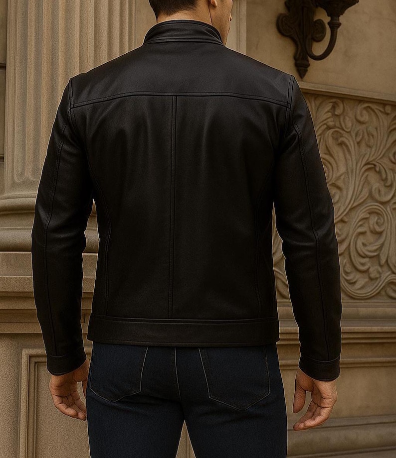 back view of black color original leather jacket mens wear