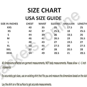 May include: A size chart with measurements in inches for chest, waist, sleeves, shoulder, and length. The chart is labeled "USA SIZE GUIDE" and includes sizes from XXS to XXXL. Instructions are provided for accurate sizing.