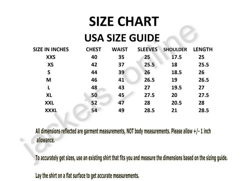 May include: A size chart with measurements in inches for chest, waist, sleeves, shoulder, and length. The chart is labeled "USA SIZE GUIDE" and includes sizes from XXS to XXXL. Instructions are provided for accurate sizing.