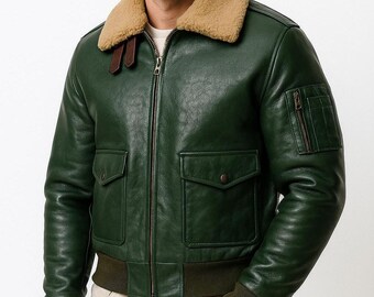 Giacca da uomo in vera pelle di pecora fatta a mano con collo in montone, bomber in pelle - Giacca da aviatore invernale