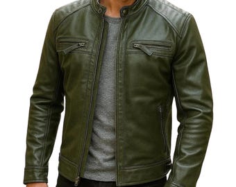 Men's Handmade Green Leather Lightweight Biker Jacket - Retro Style Outerwear Coat
