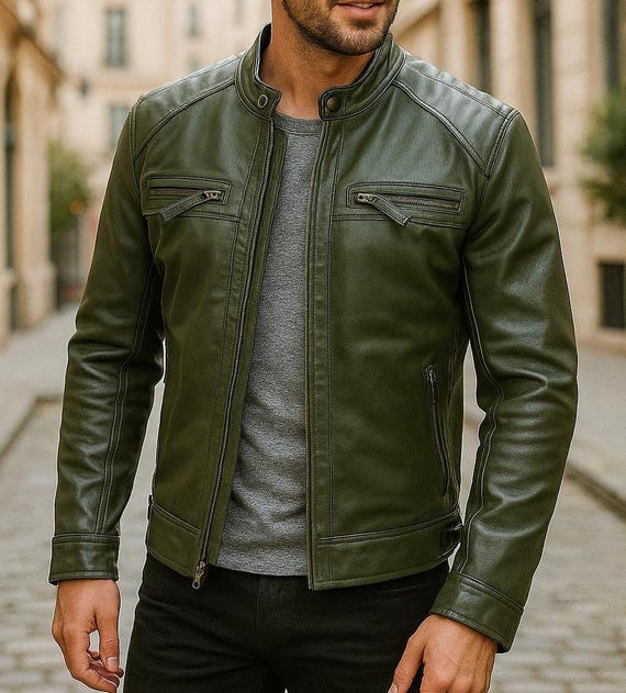 Men's Handmade Green Leather Lightweight Biker Jacket - Retro