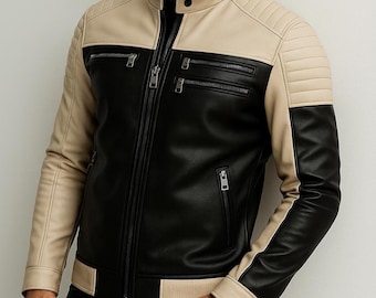 Handgefertigte zweifarbige Creme und Schwarze Echtleder Cafe Racer Jacke für Herren - Retro Biker Oberbekleidung