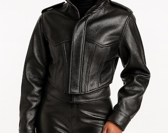 Women’s Handmade Genuine Sheepskin Leather Jacket Cropped Biker Moto Style Outerwear Coat