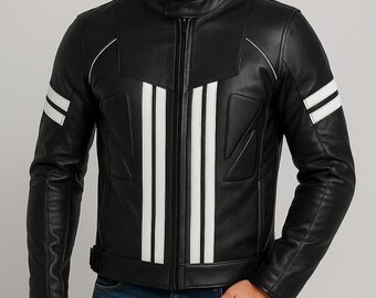 Herrhandgjord tvåfärgad lädermotorcykeljacka - Retro stil ytterjacka