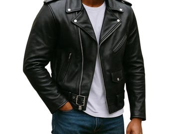 Men's Handmade Genuine Cowhide Leather Cafe Racer Biker Style Jacket Retro Outerwear Coat