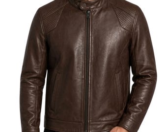 Chaqueta de cuero genuino marrón hecha a mano para hombre, estilo café racer, corte ajustado, para motociclista.