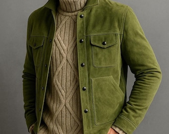 Men's Handmade Real Suede Leather Biker Jacket - Green Casual Wear Outerwear Coat