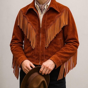 May include: A brown suede jacket with long fringe detailing across the chest and sleeves. The jacket has a zip closure and a collar. A brown fedora hat is held in the hands. The person is wearing a patterned scarf and a white shirt.