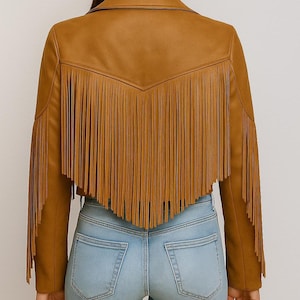Women’s brown sheepskin leather fringe jacket with Western rodeo design and zip closure