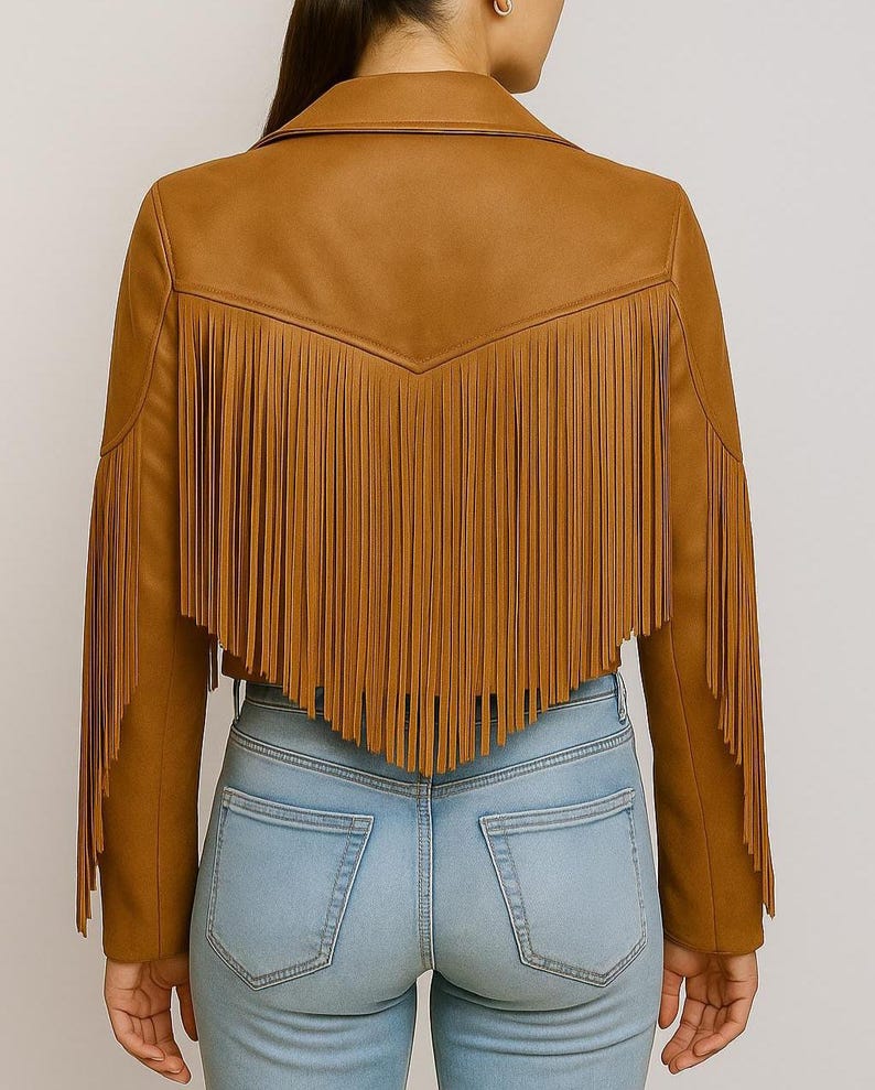 Women’s brown sheepskin leather fringe jacket with Western rodeo design and zip closure